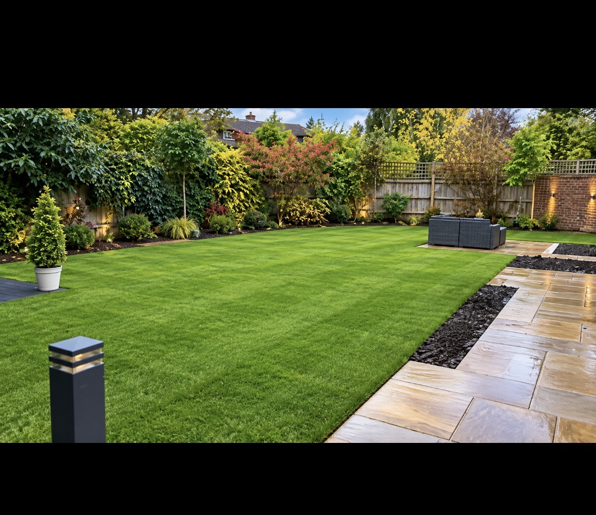 Private Garden — Manicured lawn, stone patio & border lighting