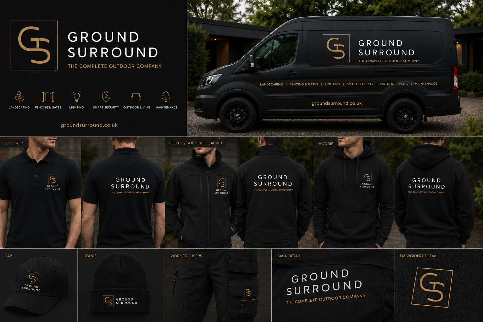 Ground Surround branded polo shirts, fleece, hoodie, cap and workwear in black and gold