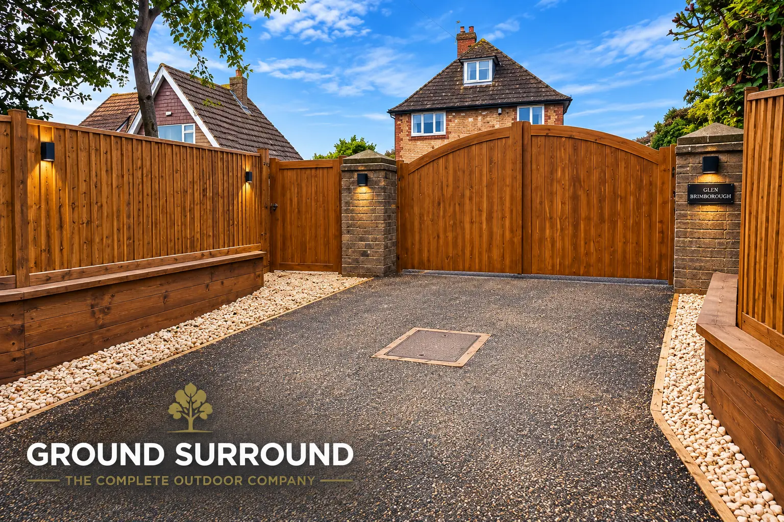 Timber driveway gates between lit brick pillars