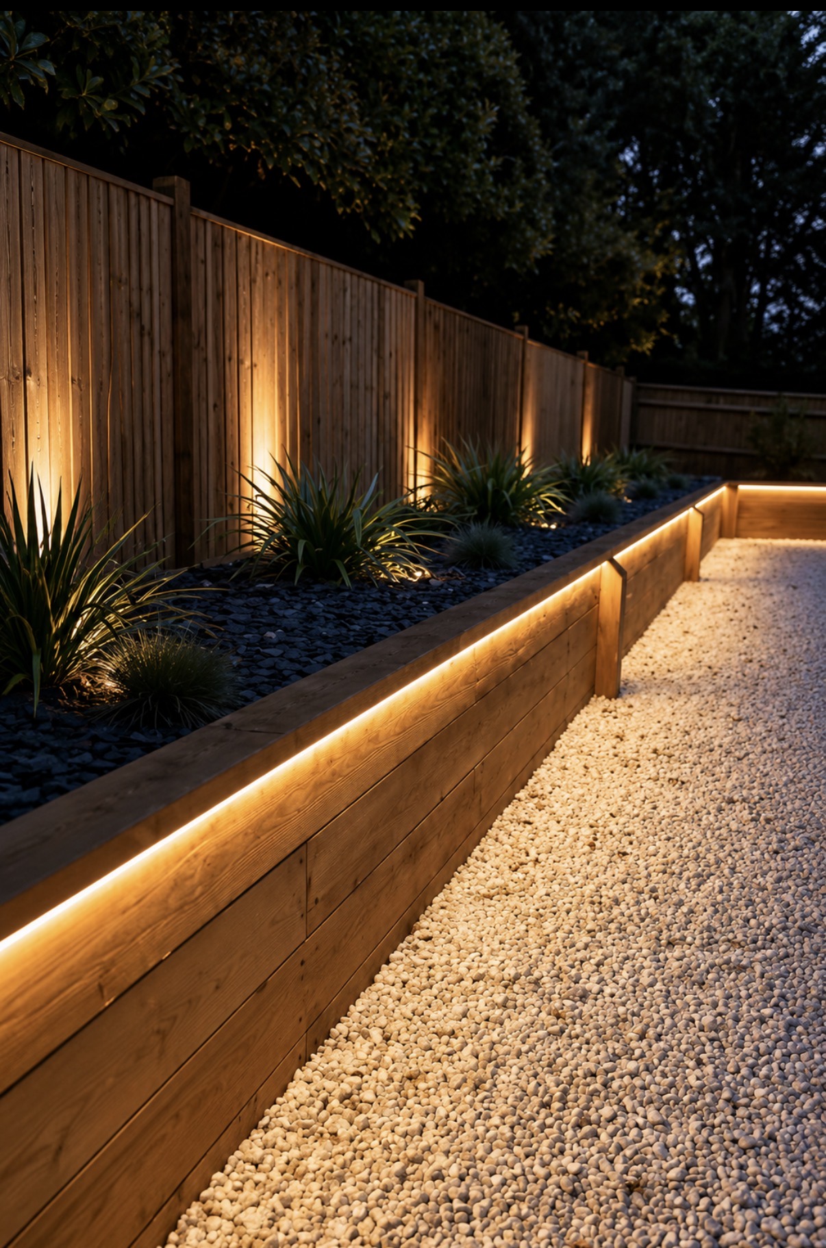 Sleeper Wall & Lighting — Oak sleepers & recessed strip lights