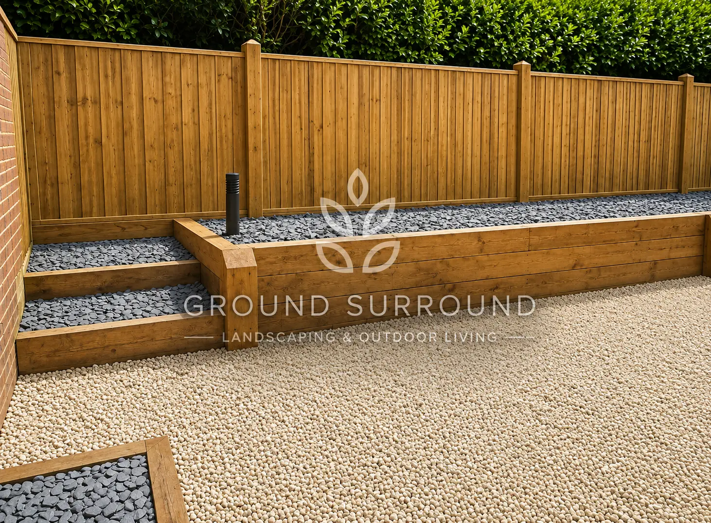 Oak sleeper raised beds with gravel paths and timber fencing