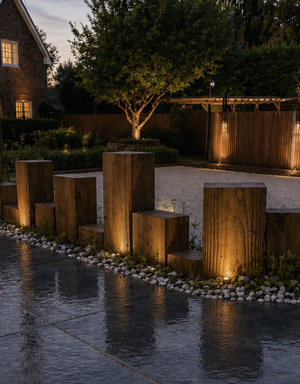 Uplit timber posts beside a wet porcelain patio at dusk