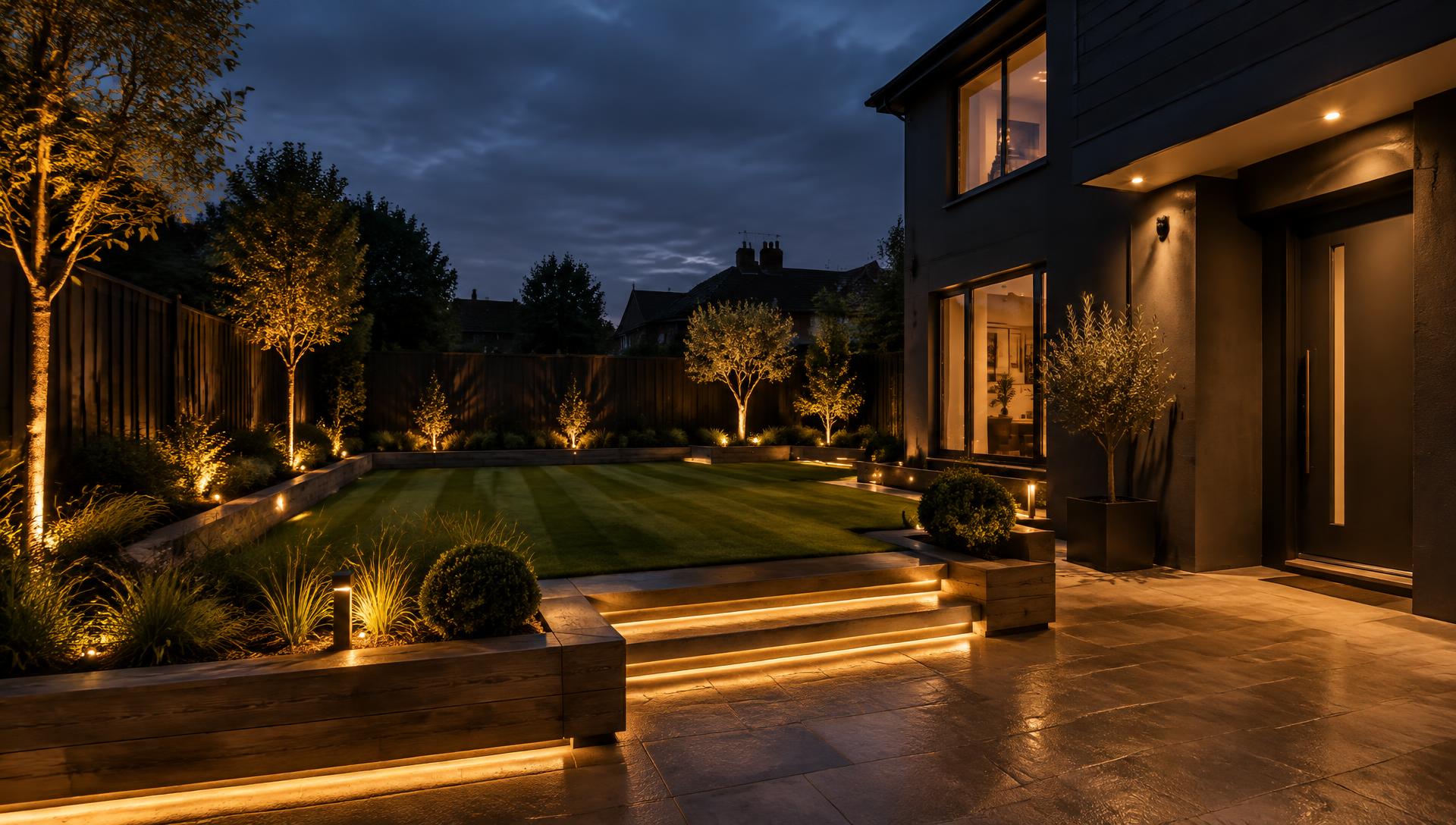 Modern dark house and garden at dusk with warm lighting, lit sleeper walls and a discreet security camera
